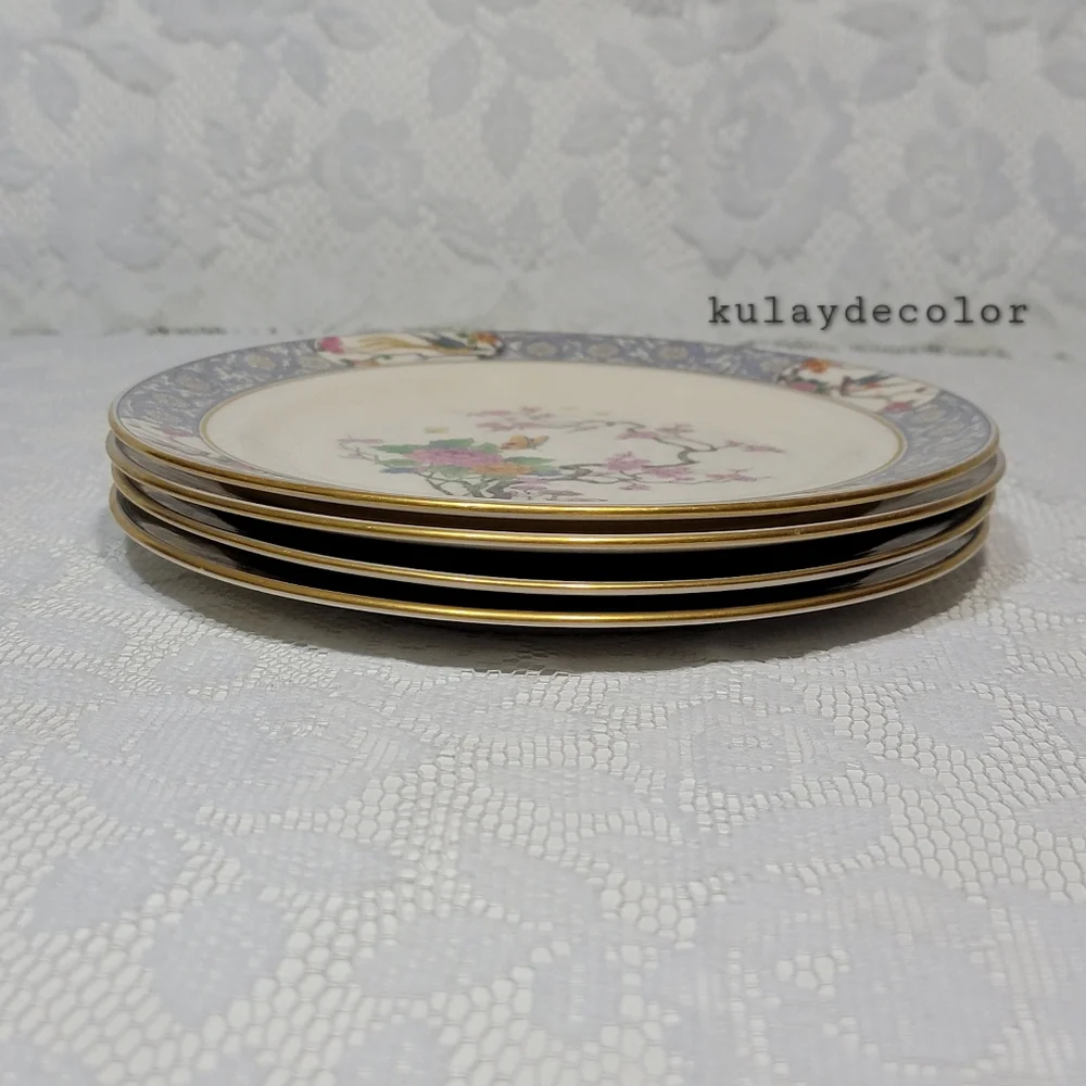 Lenox Ming Birds Salad Plates Set of 4 Vintage Floral Bird Gold Trim Black Stamp